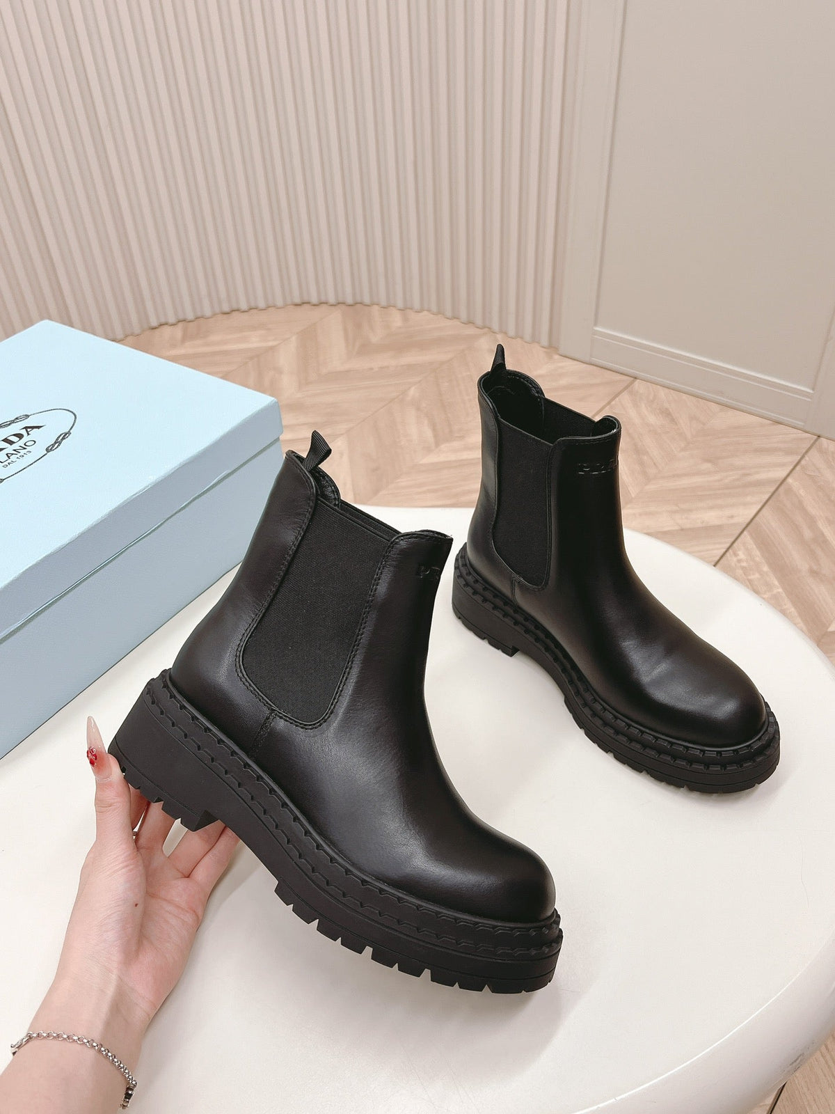 PRADA BRUSHED BOOTIES BLACK CALFSKIN