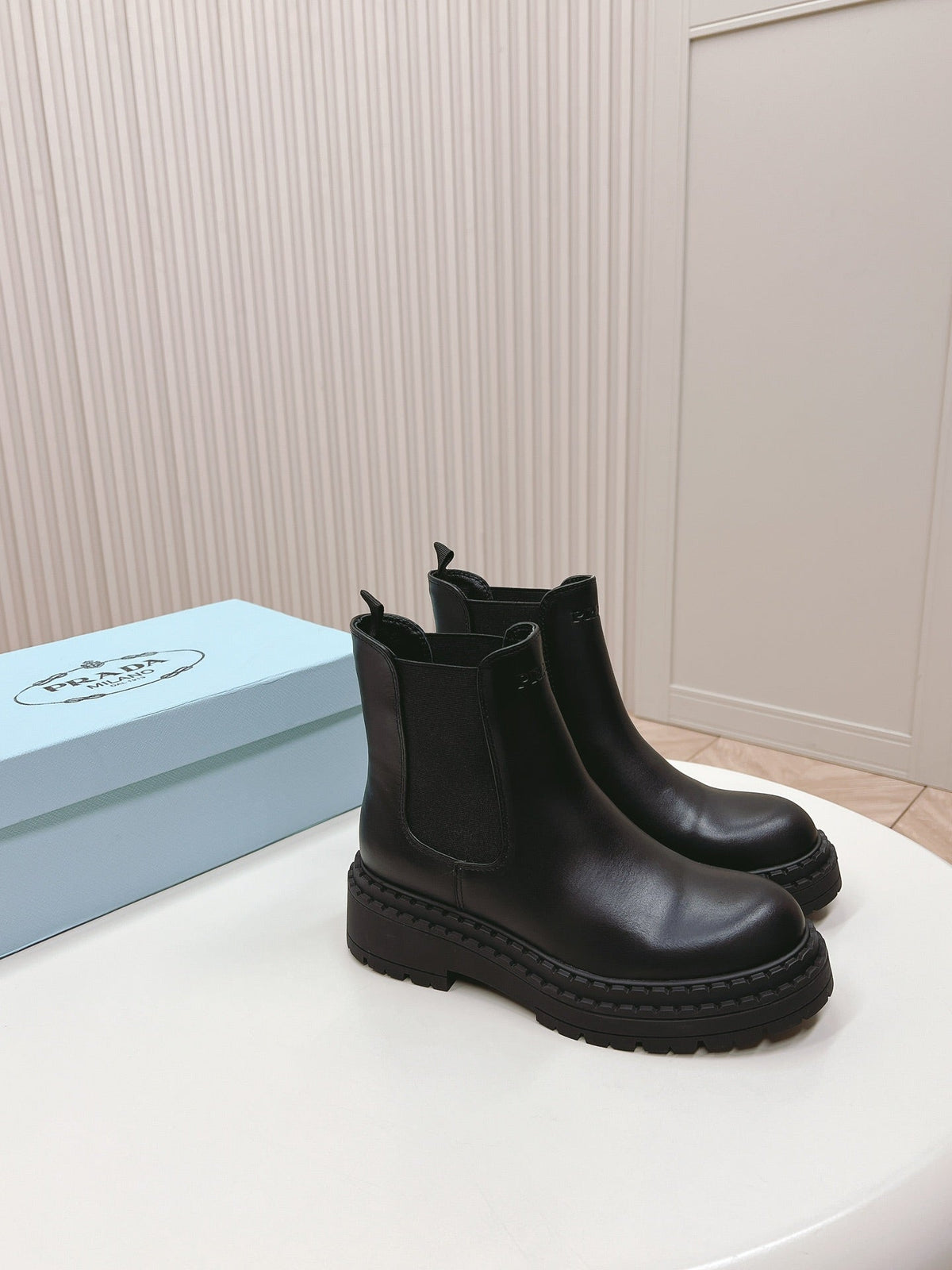 PRADA BRUSHED BOOTIES BLACK CALFSKIN
