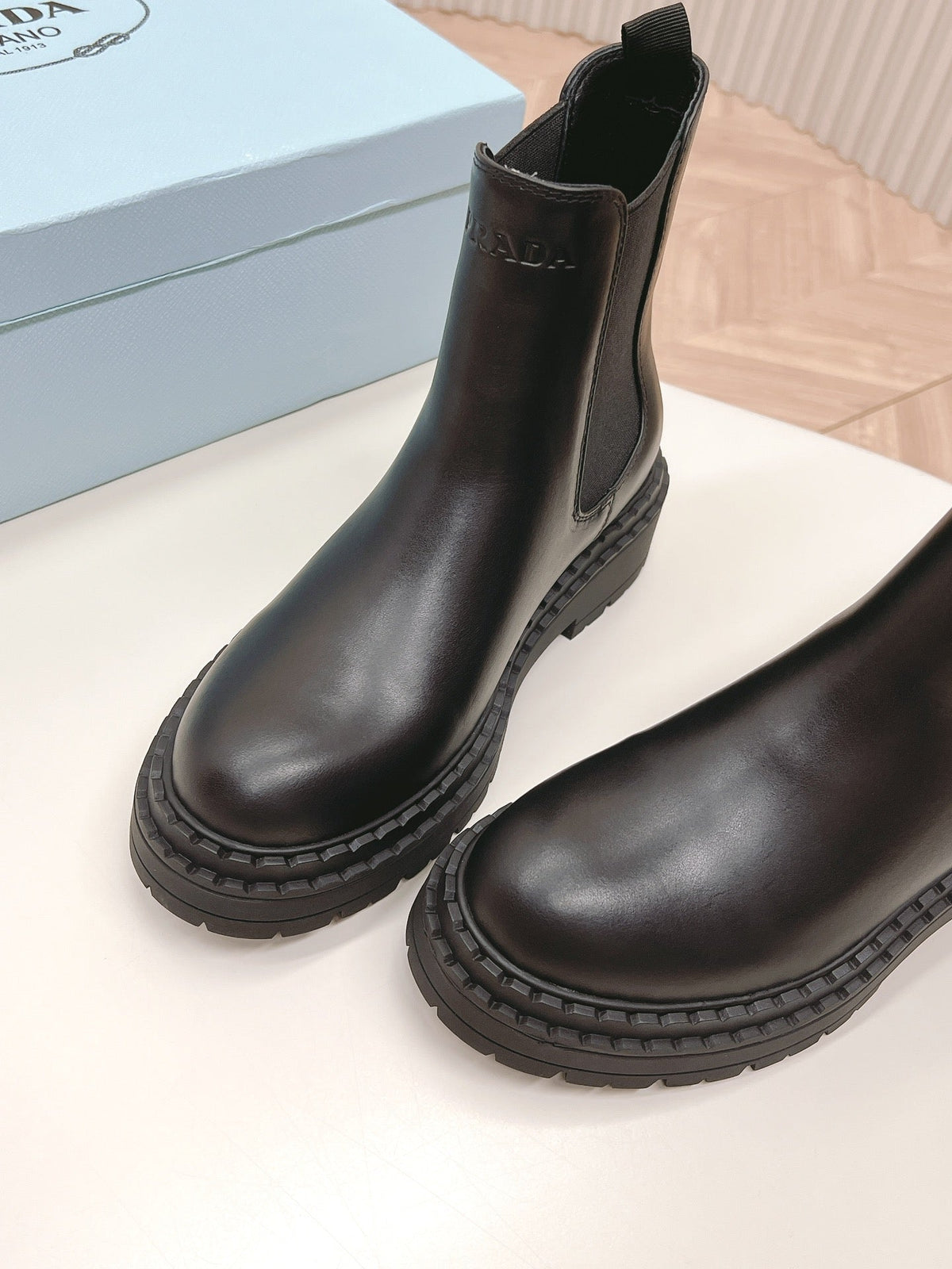 PRADA BRUSHED BOOTIES BLACK CALFSKIN