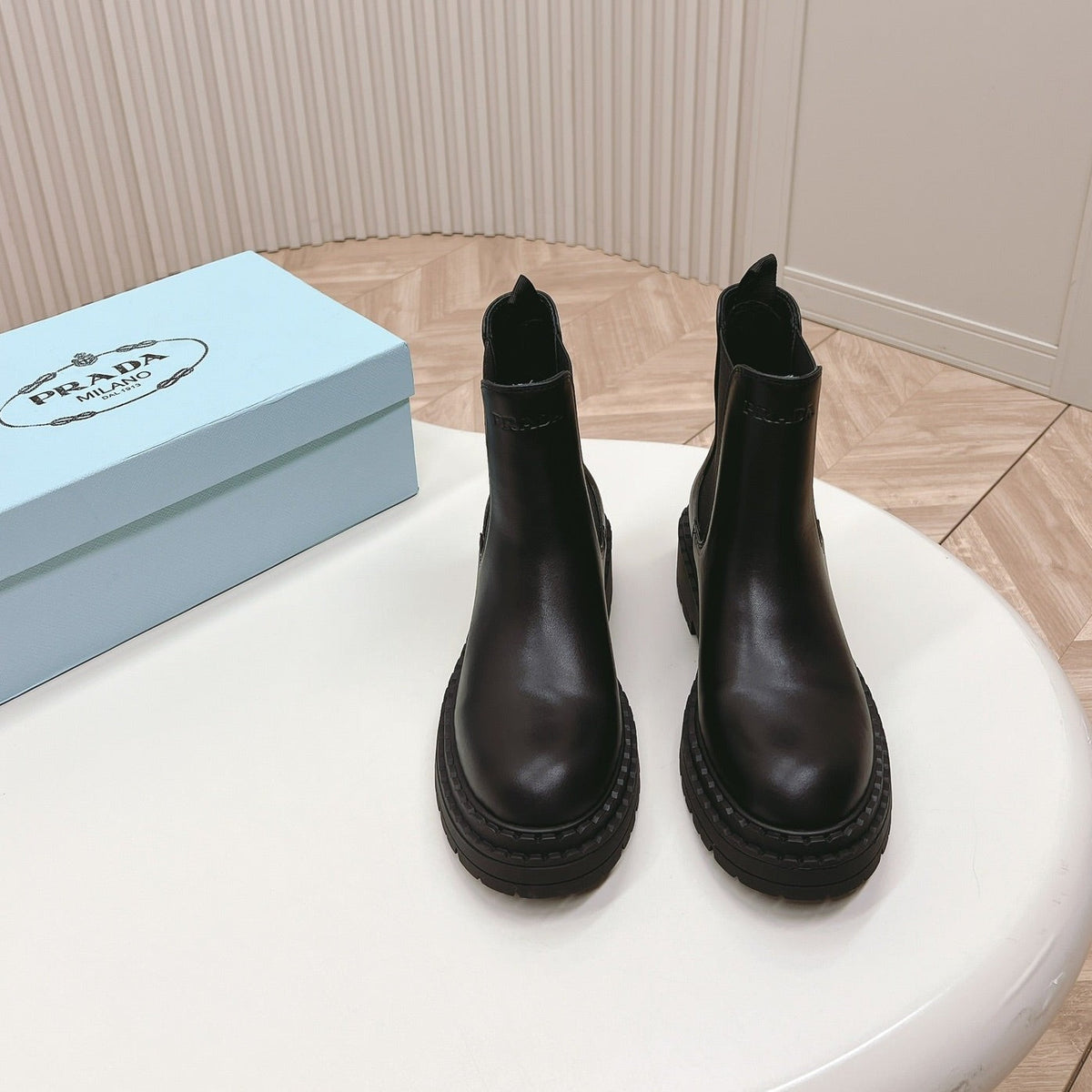 PRADA BRUSHED BOOTIES BLACK CALFSKIN