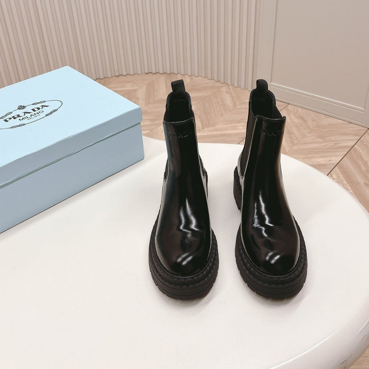 PRADA BRUSHED BOOTIES GLOSSY BLACK CALFSKIN