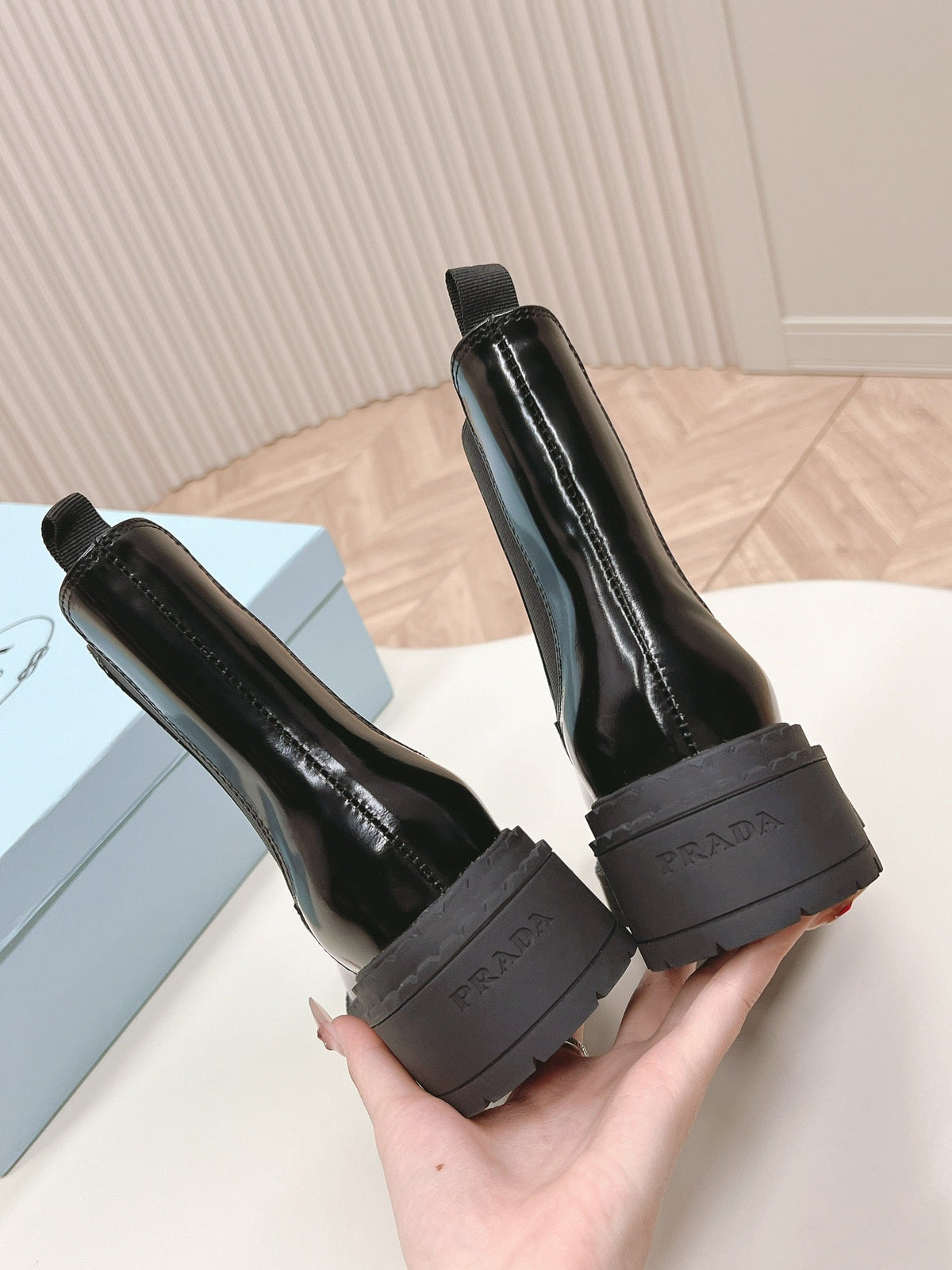 PRADA BRUSHED BOOTIES GLOSSY BLACK CALFSKIN