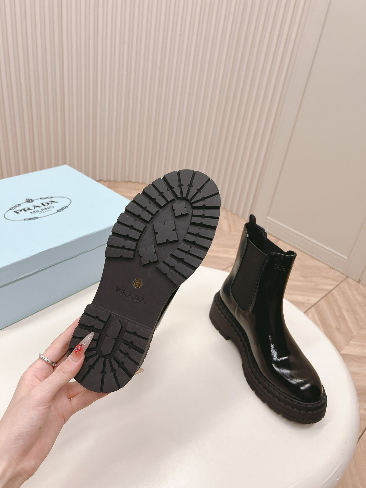 PRADA BRUSHED BOOTIES GLOSSY BLACK CALFSKIN