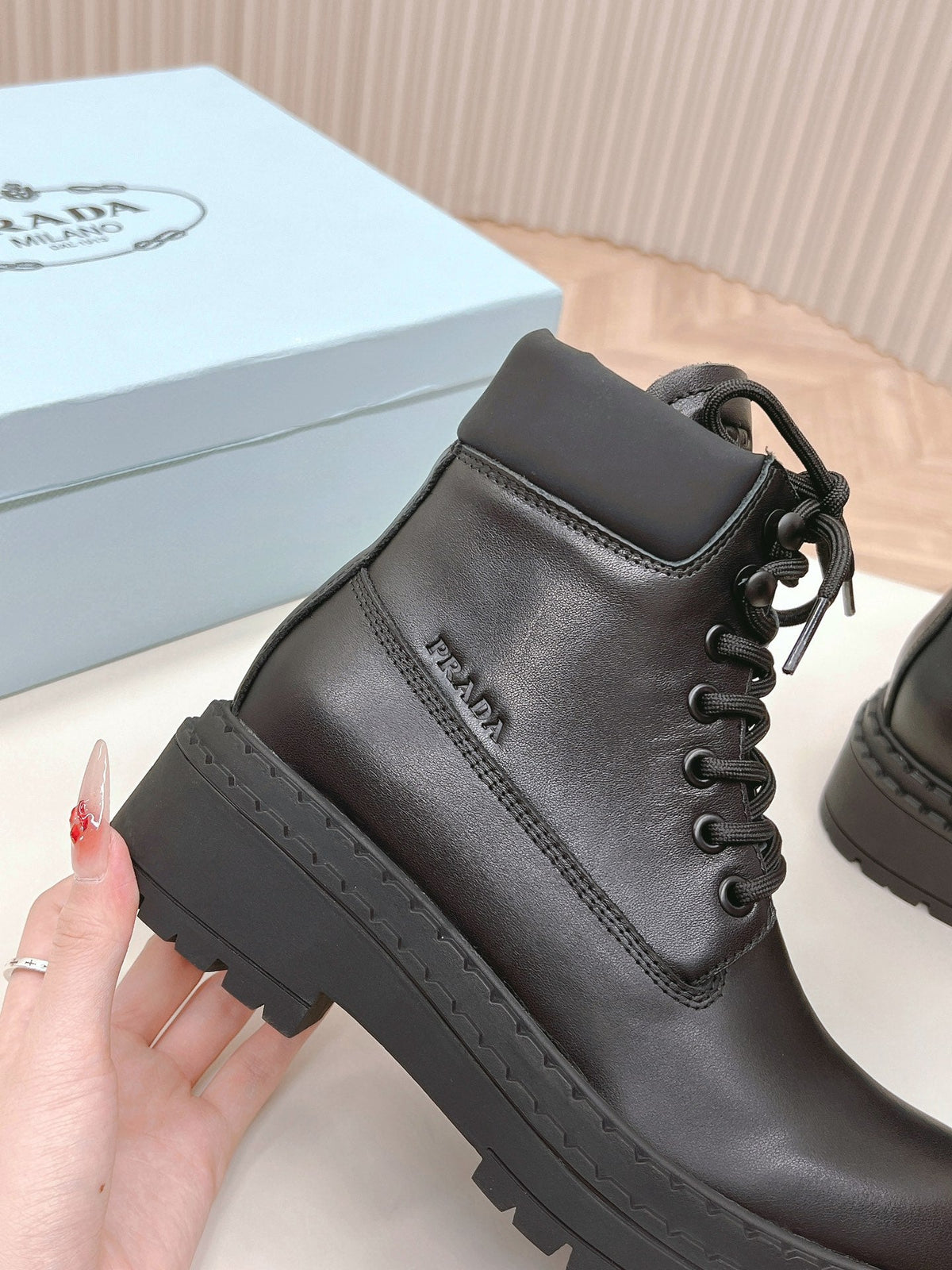 PRADA LACE-UP BOOTS BLACK CALFSKIN