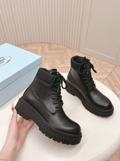 PRADA LACE-UP BOOTS BLACK CALFSKIN