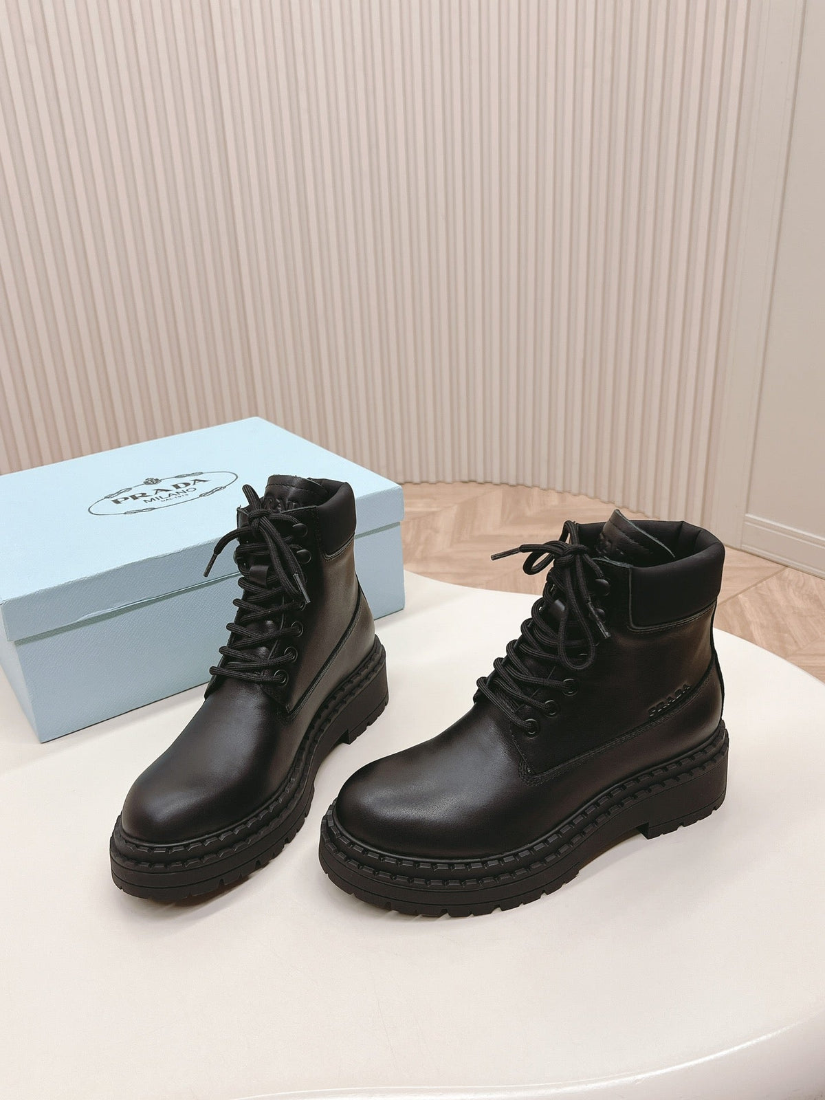 PRADA LACE-UP BOOTS BLACK CALFSKIN
