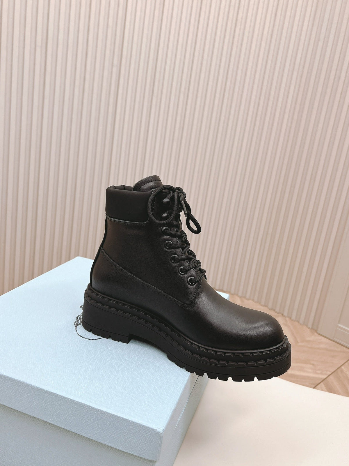 PRADA LACE-UP BOOTS BLACK CALFSKIN