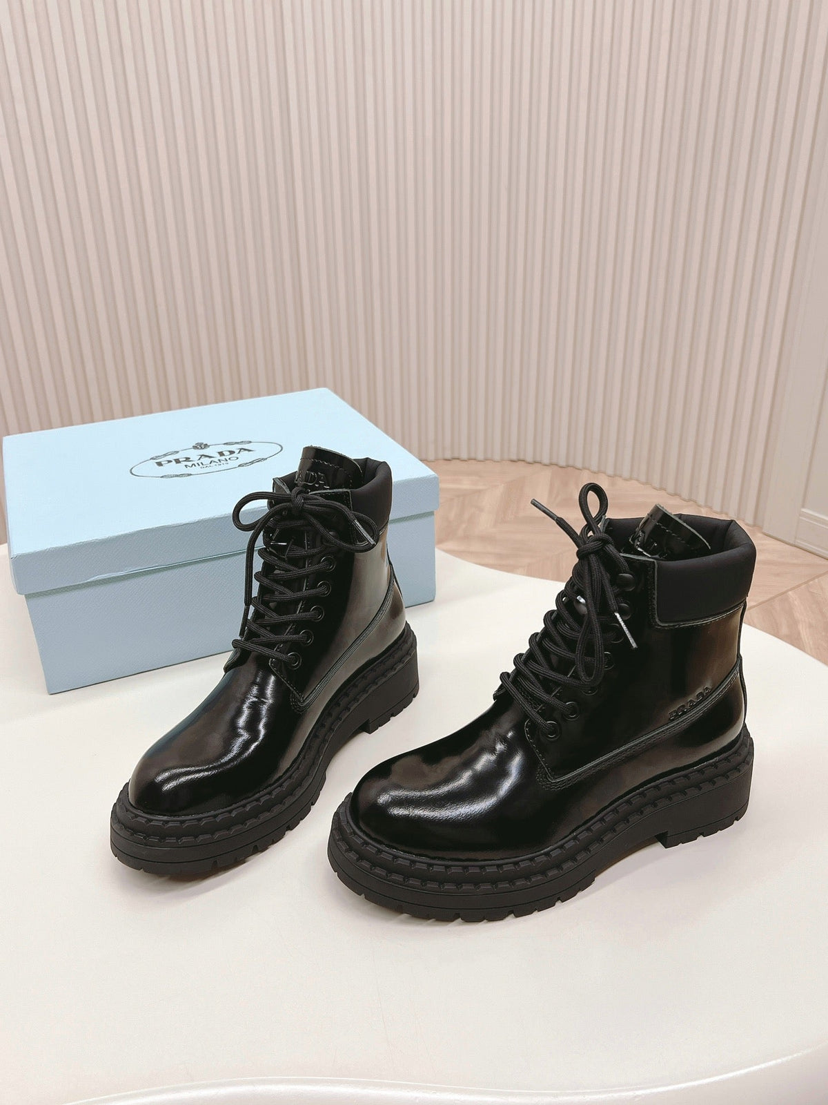 PRADA LACE-UP BOOTS GLOSSY BLACK CALFSKIN