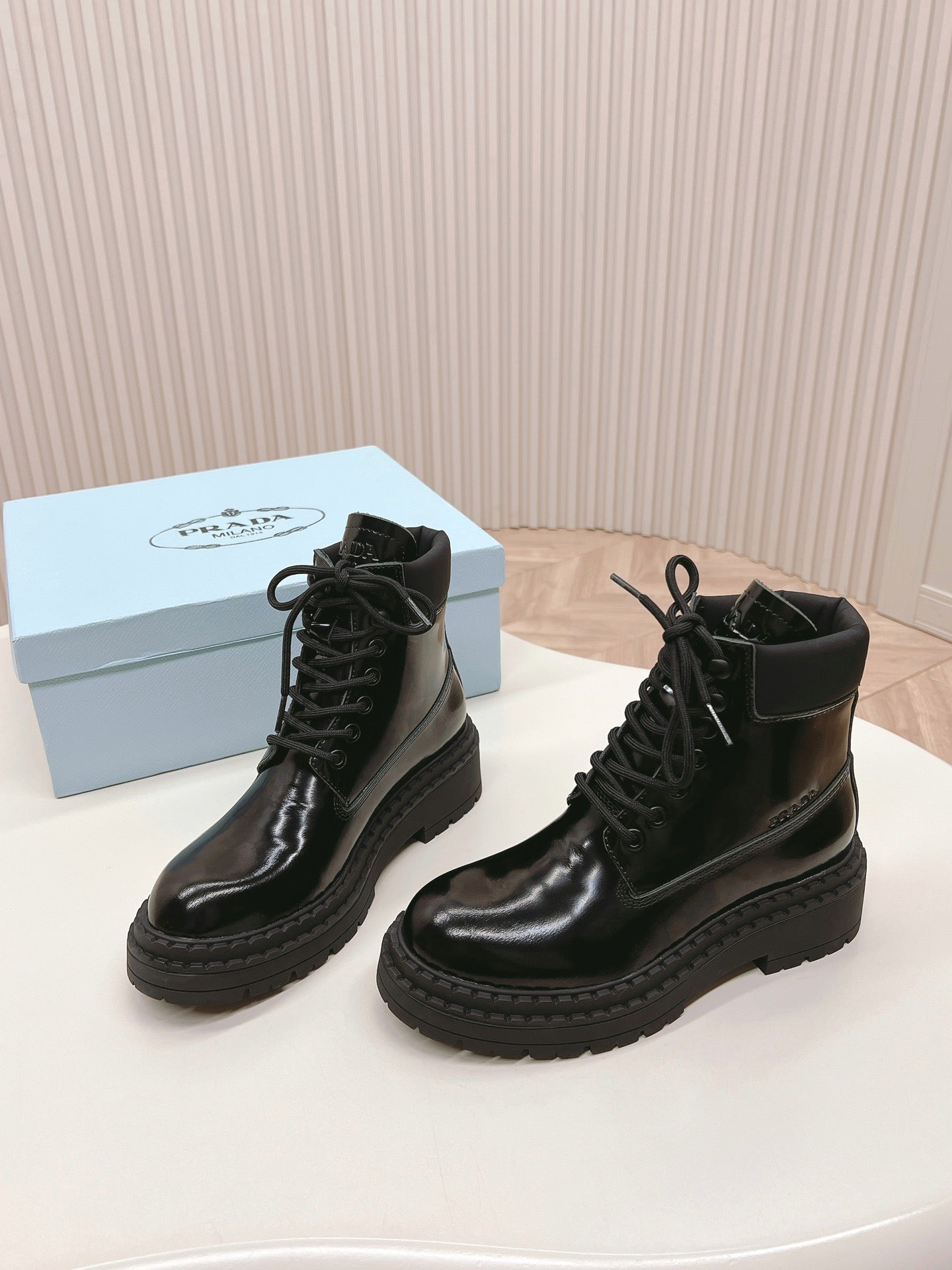 PRADA LACE-UP BOOTS GLOSSY BLACK CALFSKIN