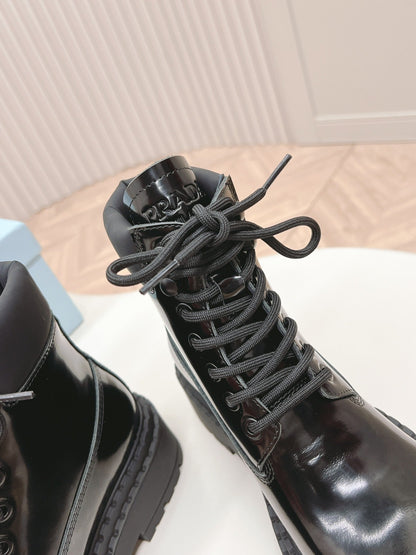 PRADA LACE-UP BOOTS GLOSSY BLACK CALFSKIN
