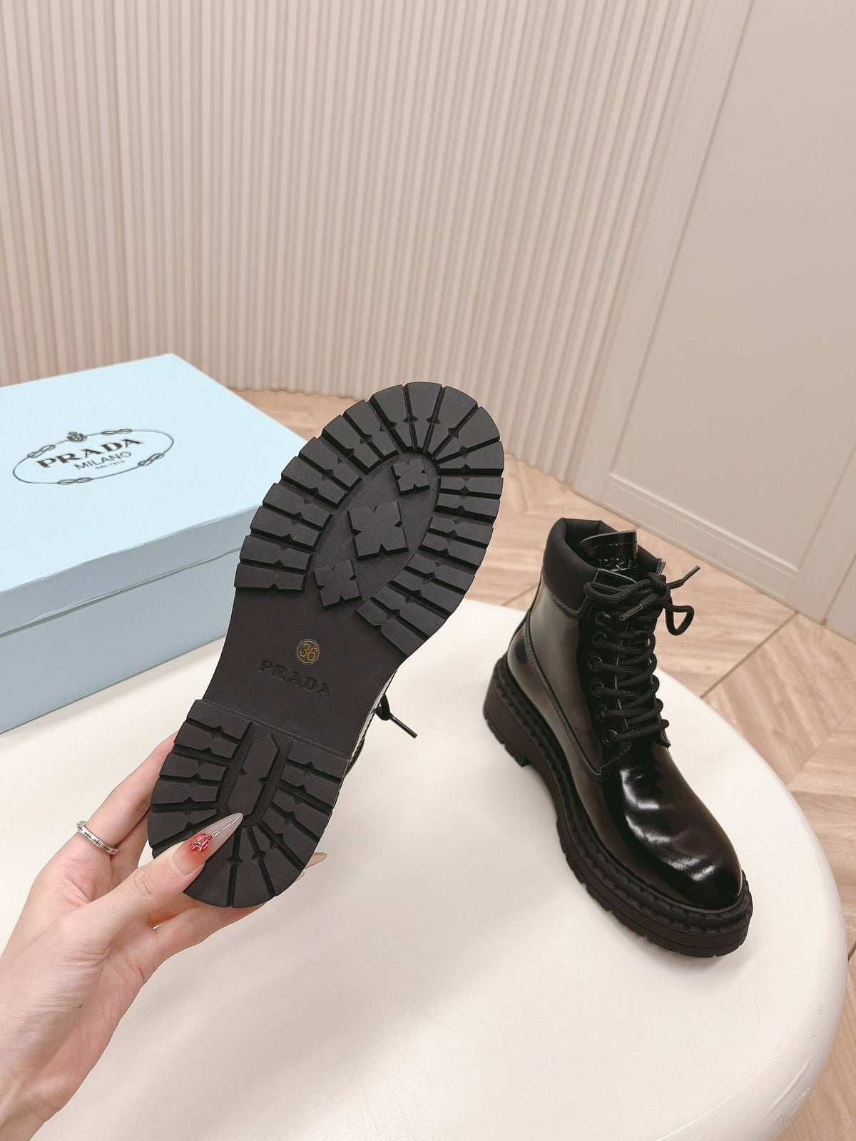 PRADA LACE-UP BOOTS GLOSSY BLACK CALFSKIN