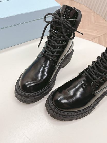 PRADA LACE-UP BOOTS GLOSSY BLACK CALFSKIN