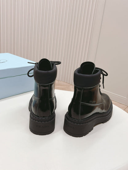 PRADA LACE-UP BOOTS GLOSSY BLACK CALFSKIN