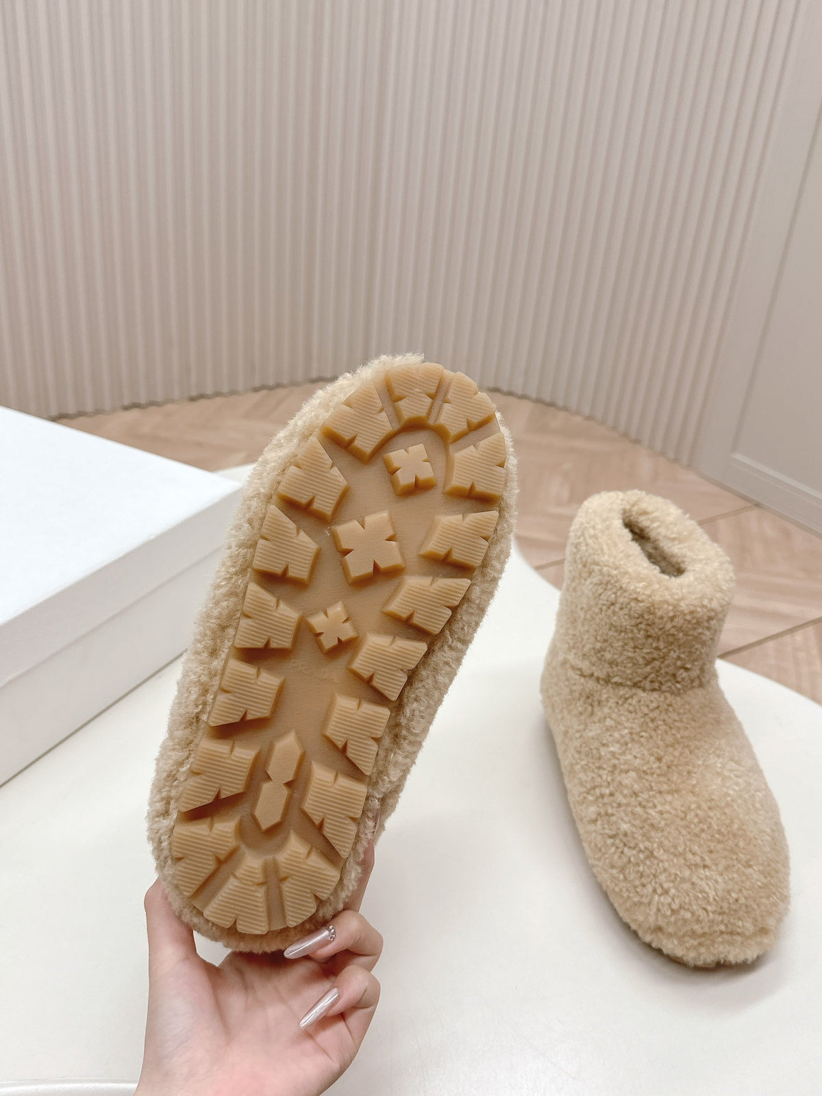 PRADA SNOW ANKLE BOOTS IN BEIGE SHEARLING