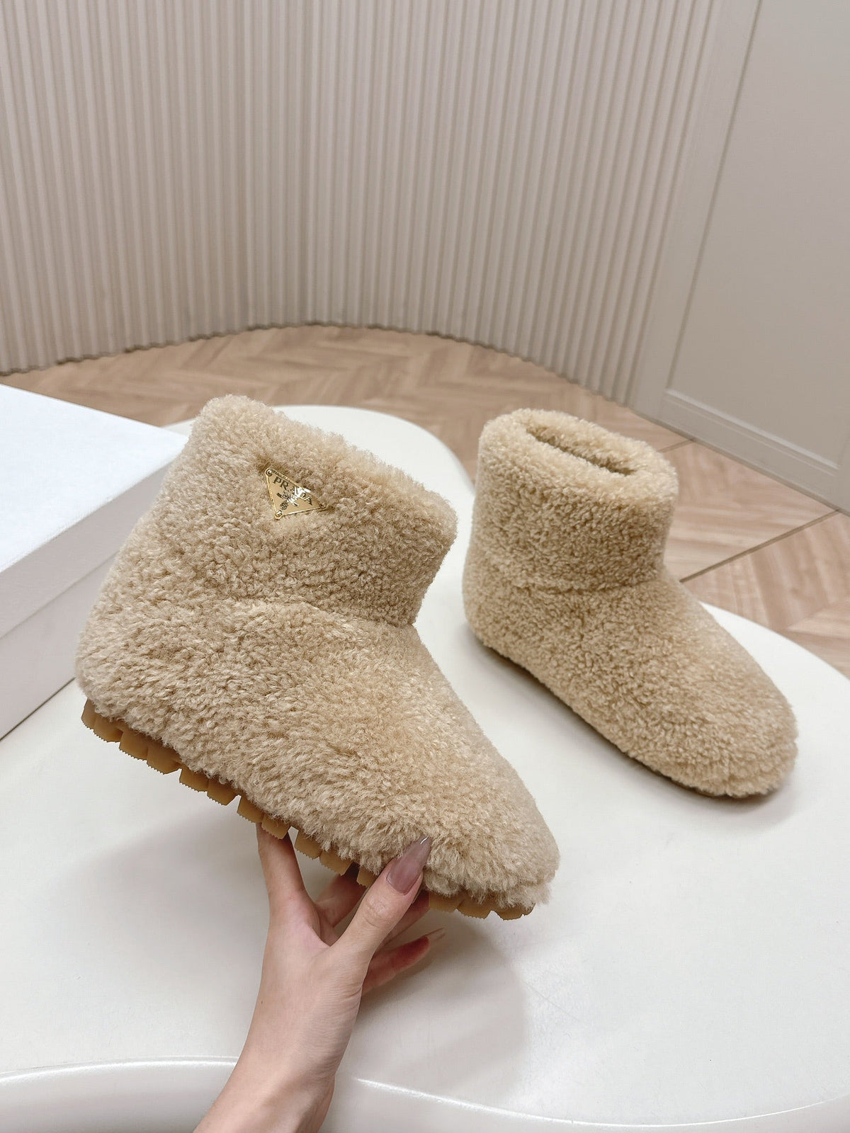 PRADA SNOW ANKLE BOOTS IN BEIGE SHEARLING