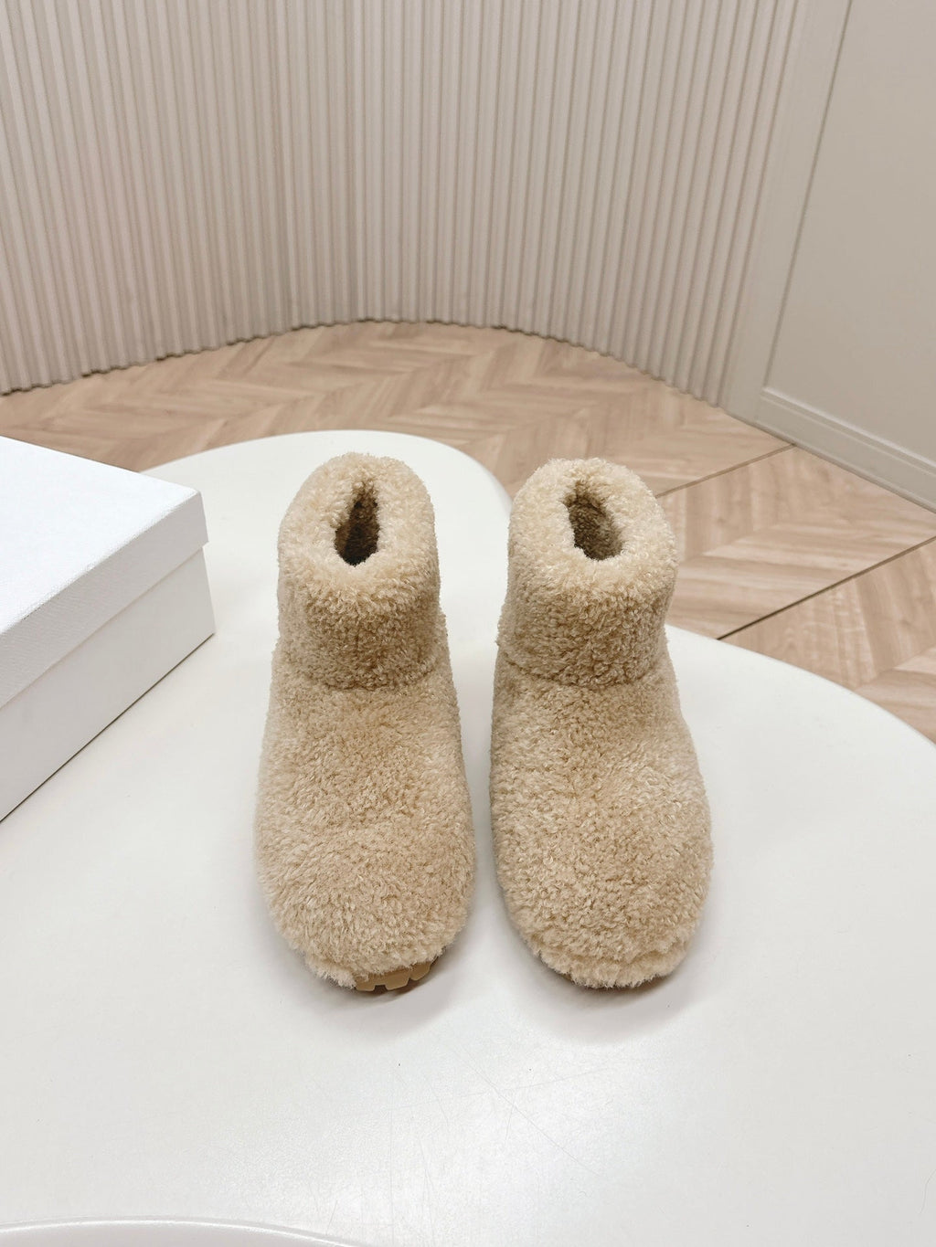 PRADA SNOW ANKLE BOOTS IN BEIGE SHEARLING
