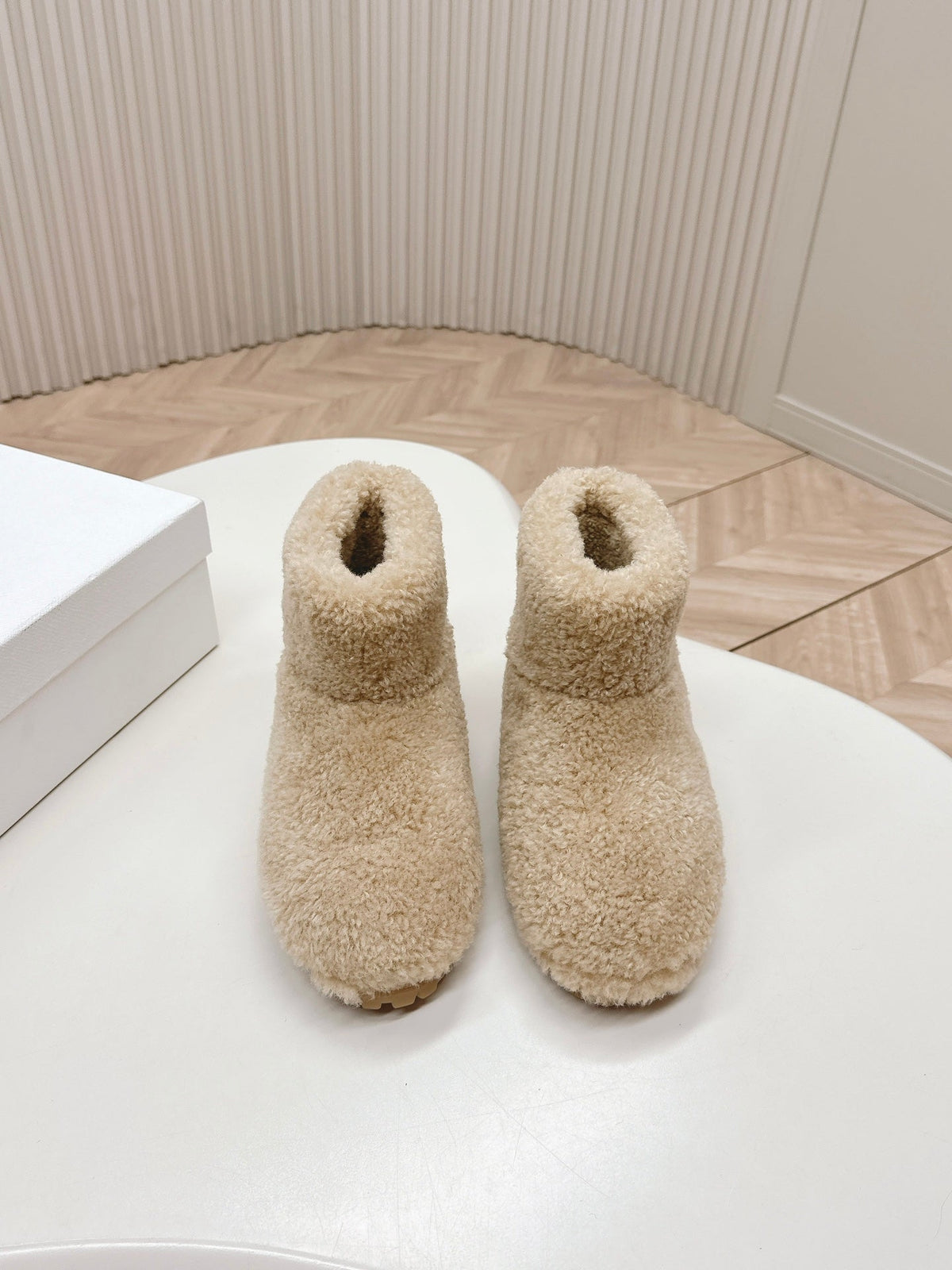 PRADA SNOW ANKLE BOOTS IN BEIGE SHEARLING
