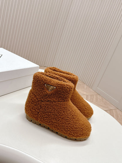 PRADA SNOW ANKLE BOOTS IN BRONZE BROWN SHEARLING