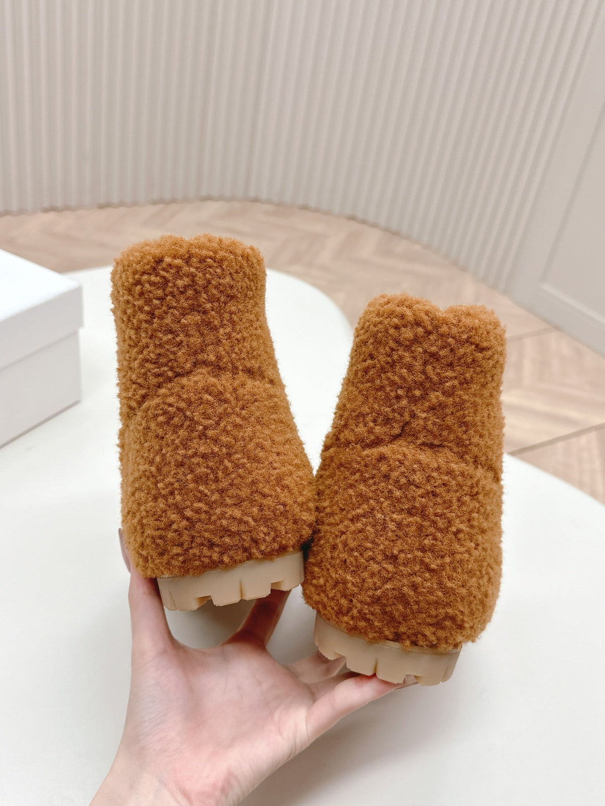 PRADA SNOW ANKLE BOOTS IN BRONZE BROWN SHEARLING
