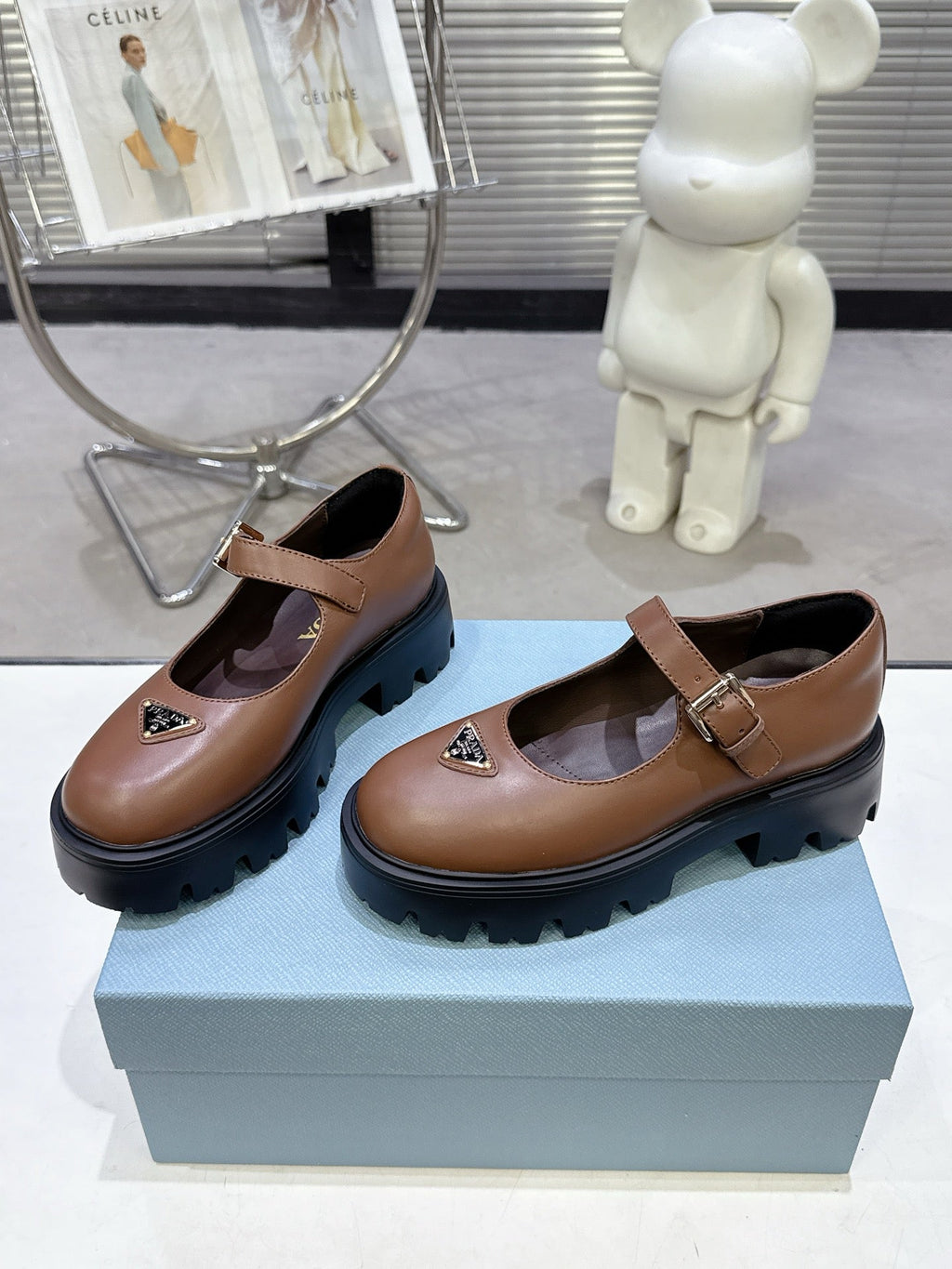 PRADA 25S PLATFORM MARY JANE SHOES IN BROWN CALFSKIN STYLE 1