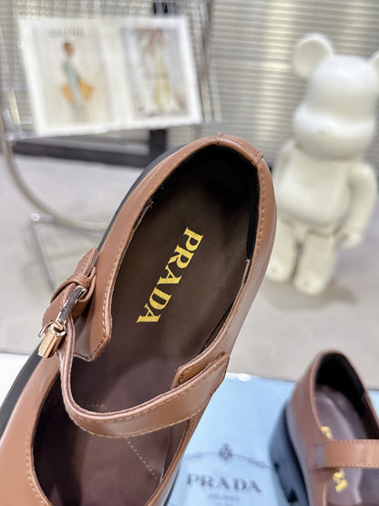PRADA 25S PLATFORM MARY JANE SHOES IN BROWN CALFSKIN STYLE 1