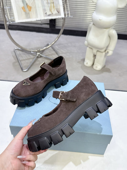 PRADA 25S PLATFORM MARY JANE SHOES IN RK BROWN SUEDE