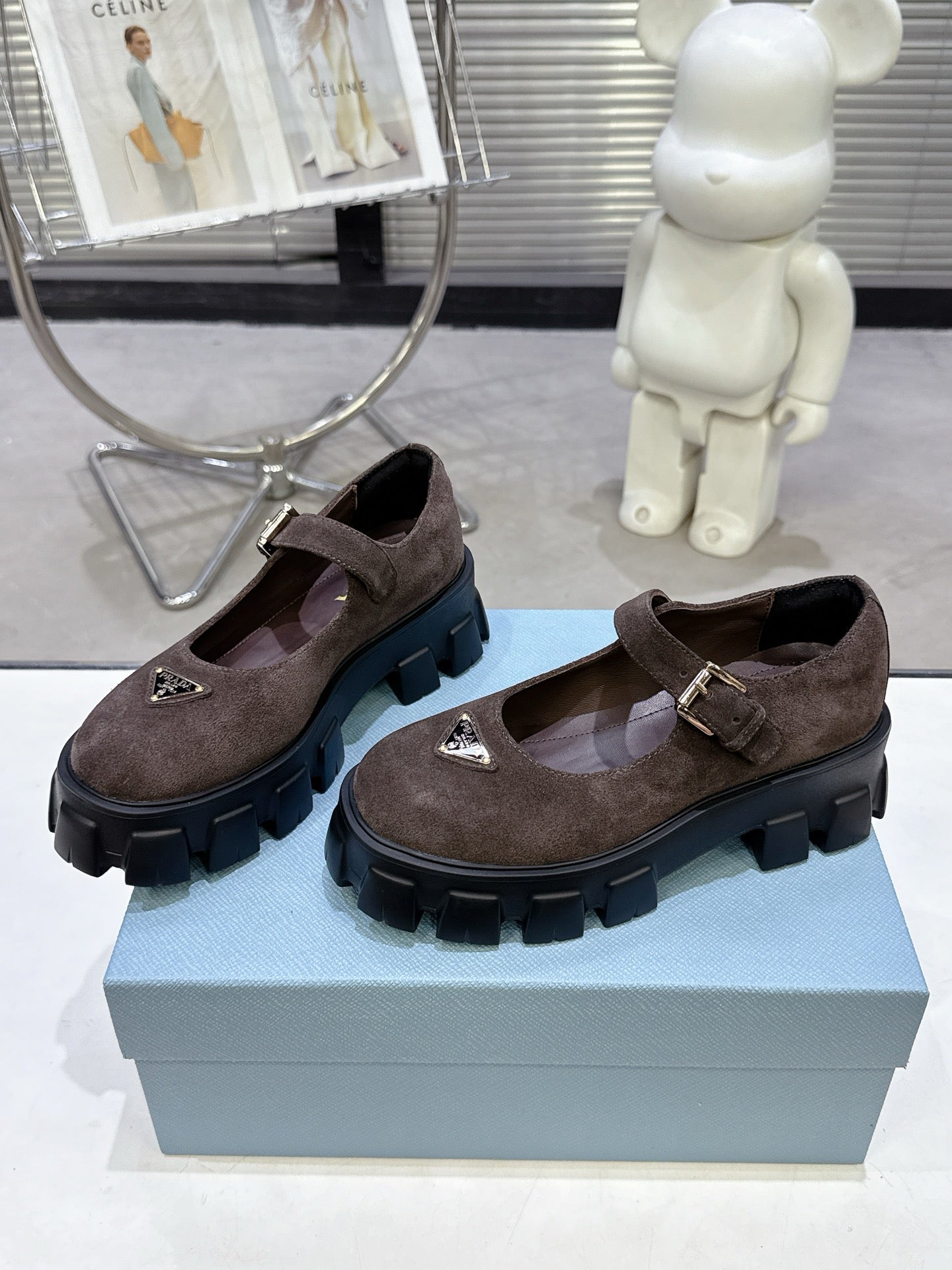 PRADA 25S PLATFORM MARY JANE SHOES IN RK BROWN SUEDE