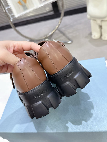 PRADA 25S PLATFORM MARY JANE SHOES IN BROWN CALFSKIN