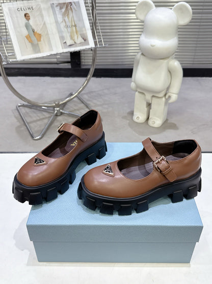 PRADA 25S PLATFORM MARY JANE SHOES IN BROWN CALFSKIN