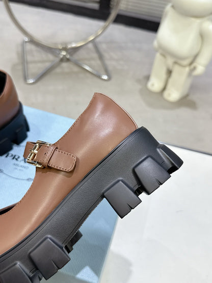 PRADA 25S PLATFORM MARY JANE SHOES IN BROWN CALFSKIN