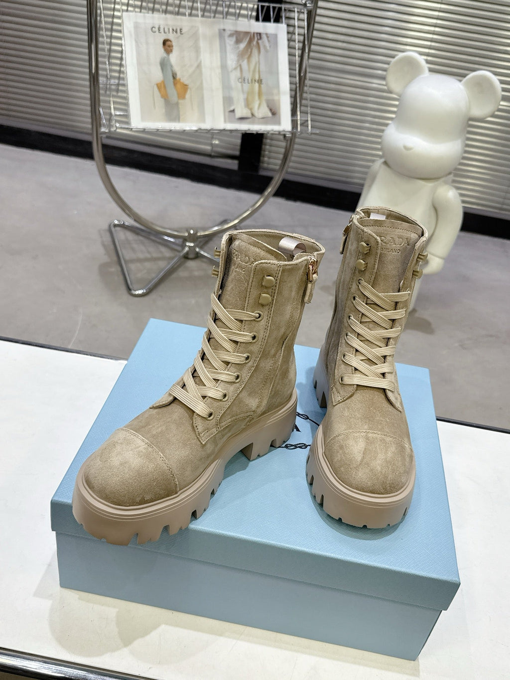PRADA 25S WARRIOR BOOTS IN BEIGE SUEDE