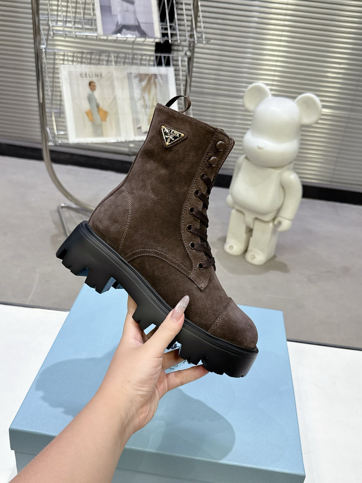 PRADA 25S WARRIOR BOOTS IN RK BROWN SUEDE