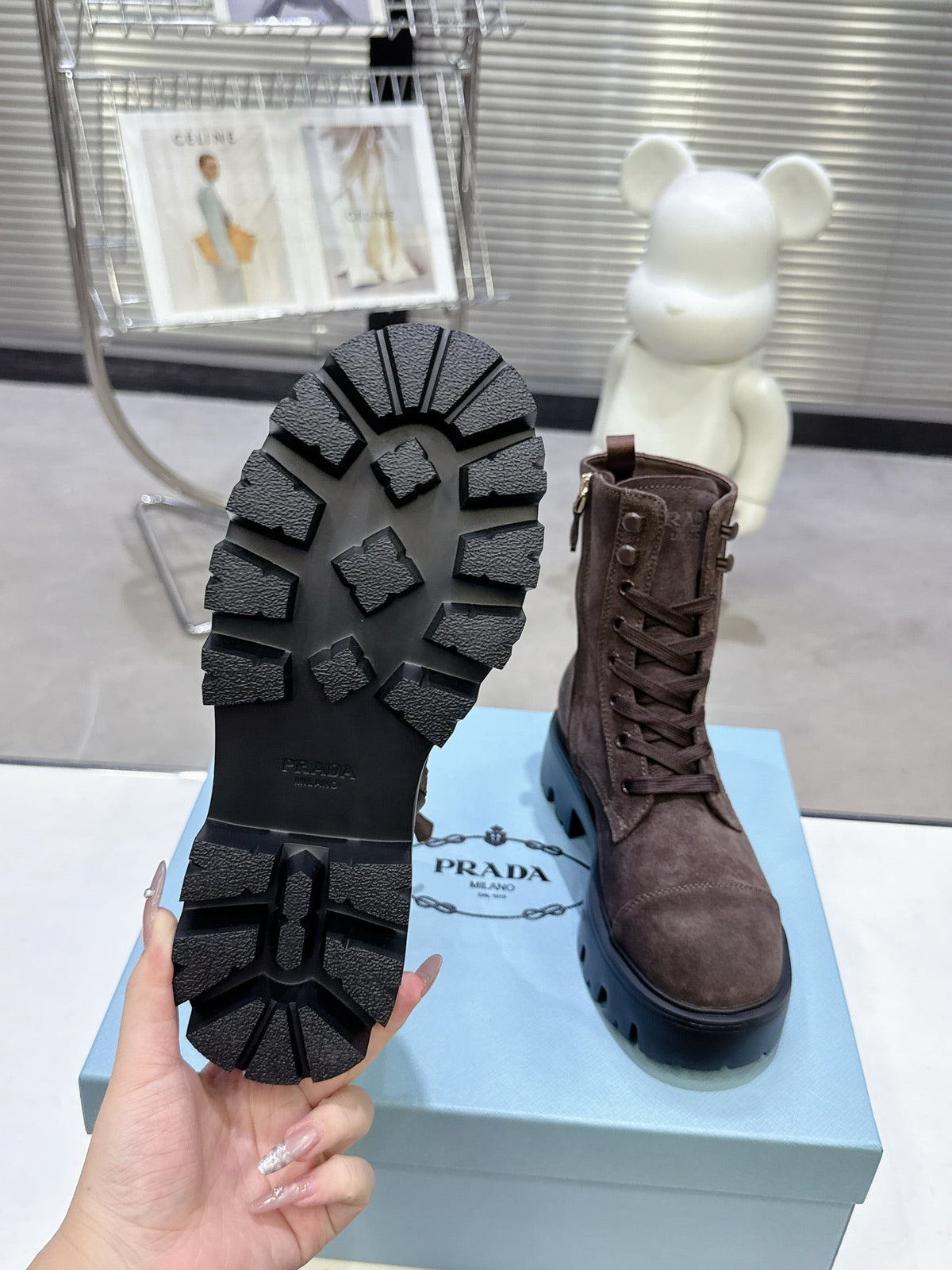 PRADA 25S WARRIOR BOOTS IN RK BROWN SUEDE