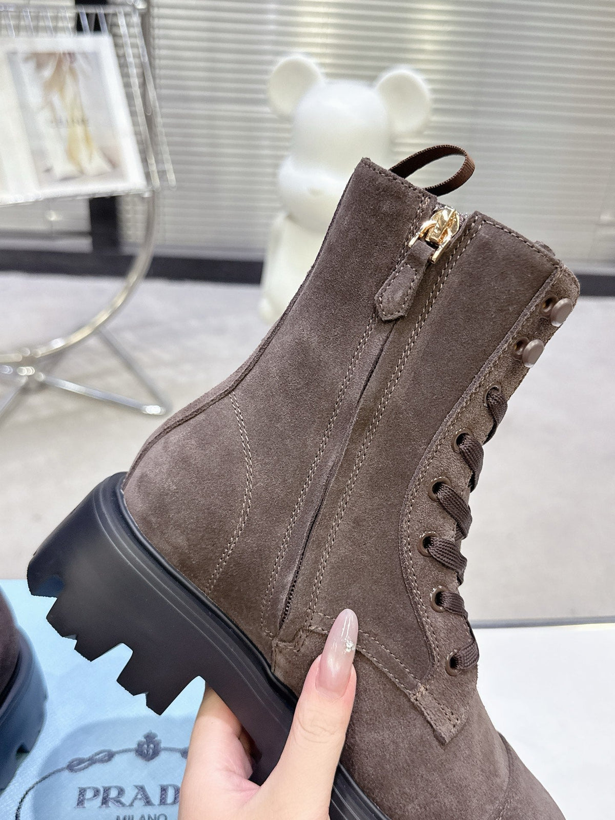 PRADA 25S WARRIOR BOOTS IN RK BROWN SUEDE