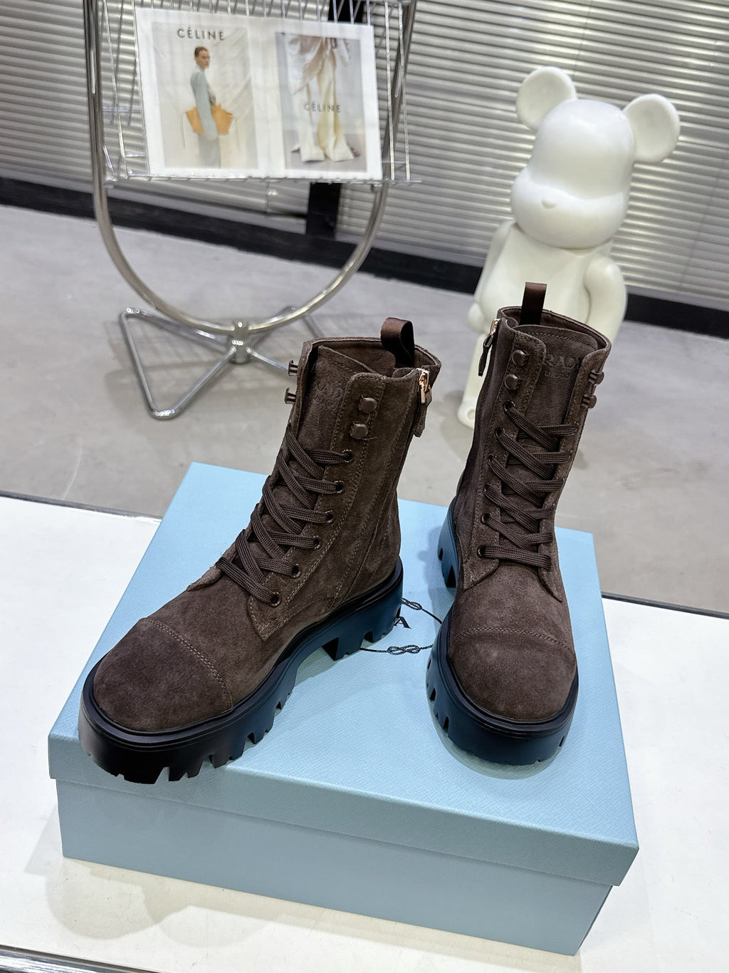 PRADA 25S WARRIOR BOOTS IN RK BROWN SUEDE