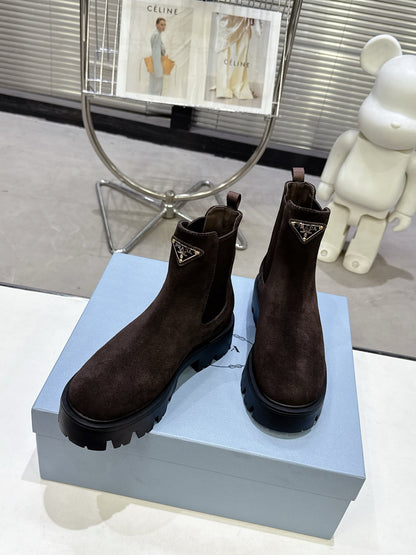 PRADA 25S RETRO PLATFORM MARTIN ANKLE BOOTS IN RK BROWN SUEDE
