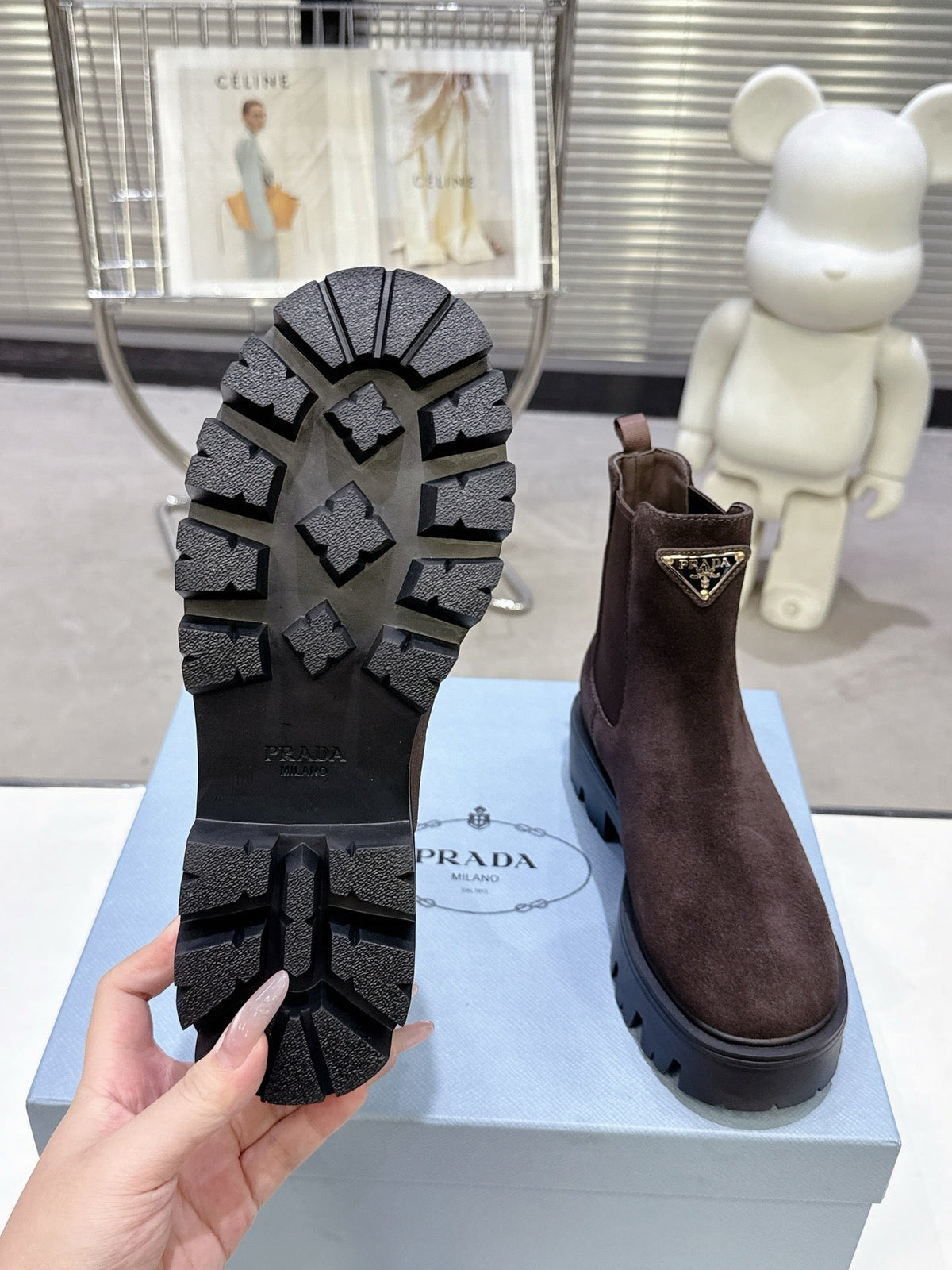 PRADA 25S RETRO PLATFORM MARTIN ANKLE BOOTS IN RK BROWN SUEDE