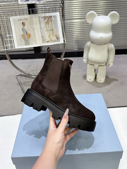 PRADA 25S RETRO PLATFORM MARTIN ANKLE BOOTS IN RK BROWN SUEDE
