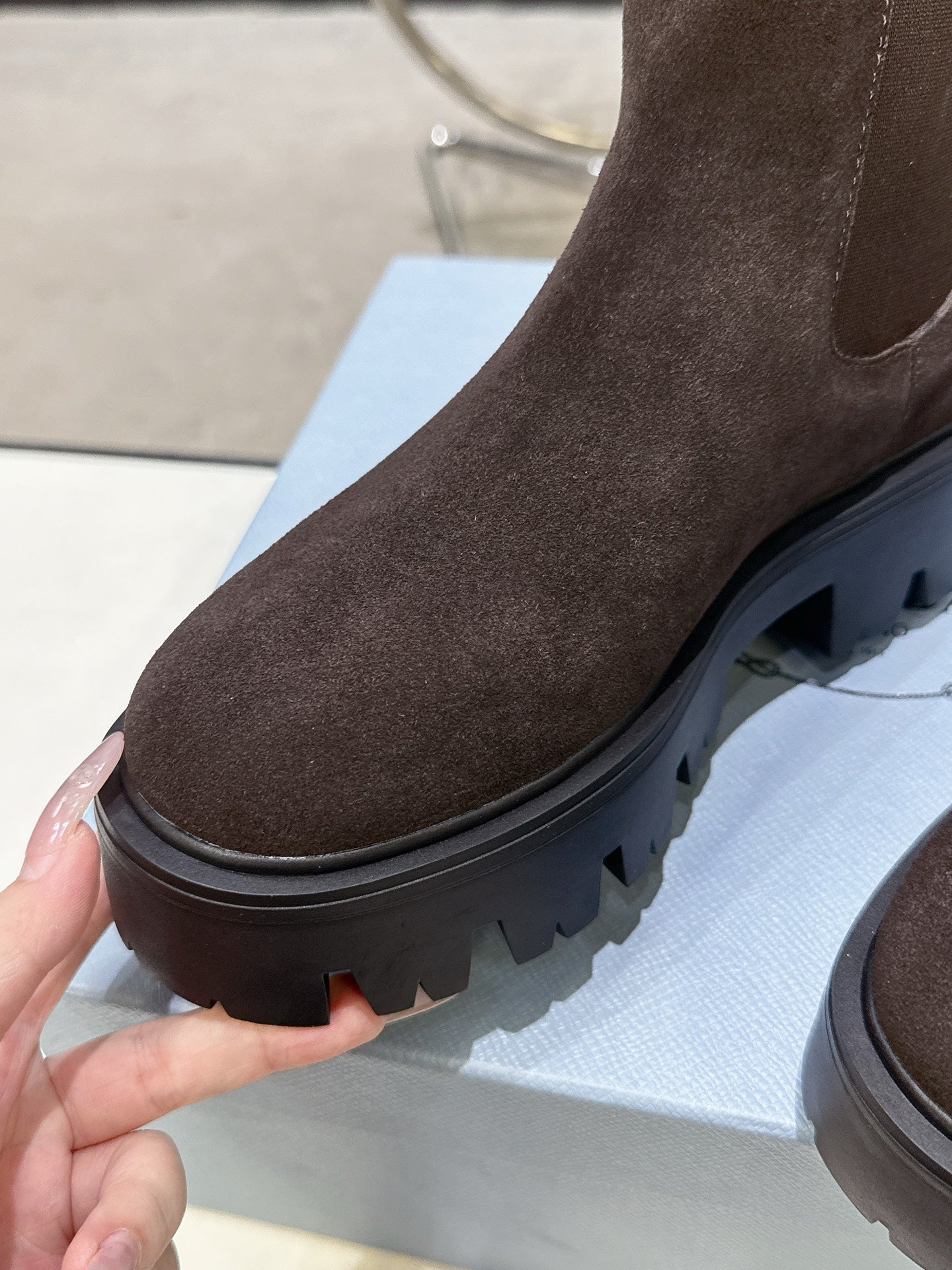 PRADA 25S RETRO PLATFORM MARTIN ANKLE BOOTS IN RK BROWN SUEDE