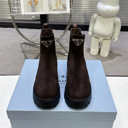 PRADA 25S RETRO PLATFORM MARTIN ANKLE BOOTS IN RK BROWN SUEDE