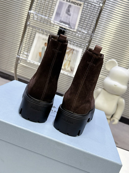 PRADA 25S RETRO PLATFORM MARTIN ANKLE BOOTS IN RK BROWN SUEDE