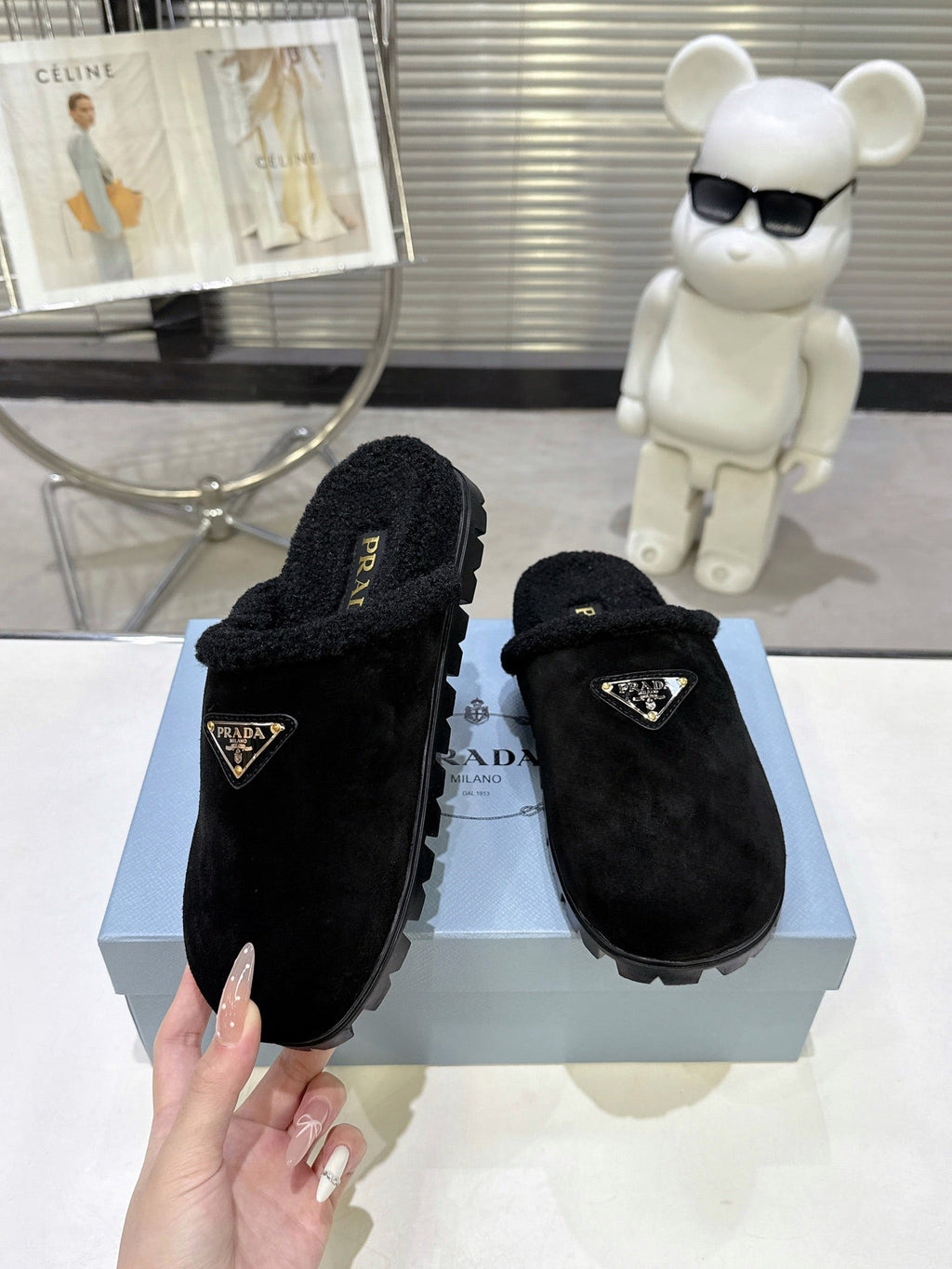 PRADA 25S FUR-LINED SABOT MULES IN BLACK SUEDE