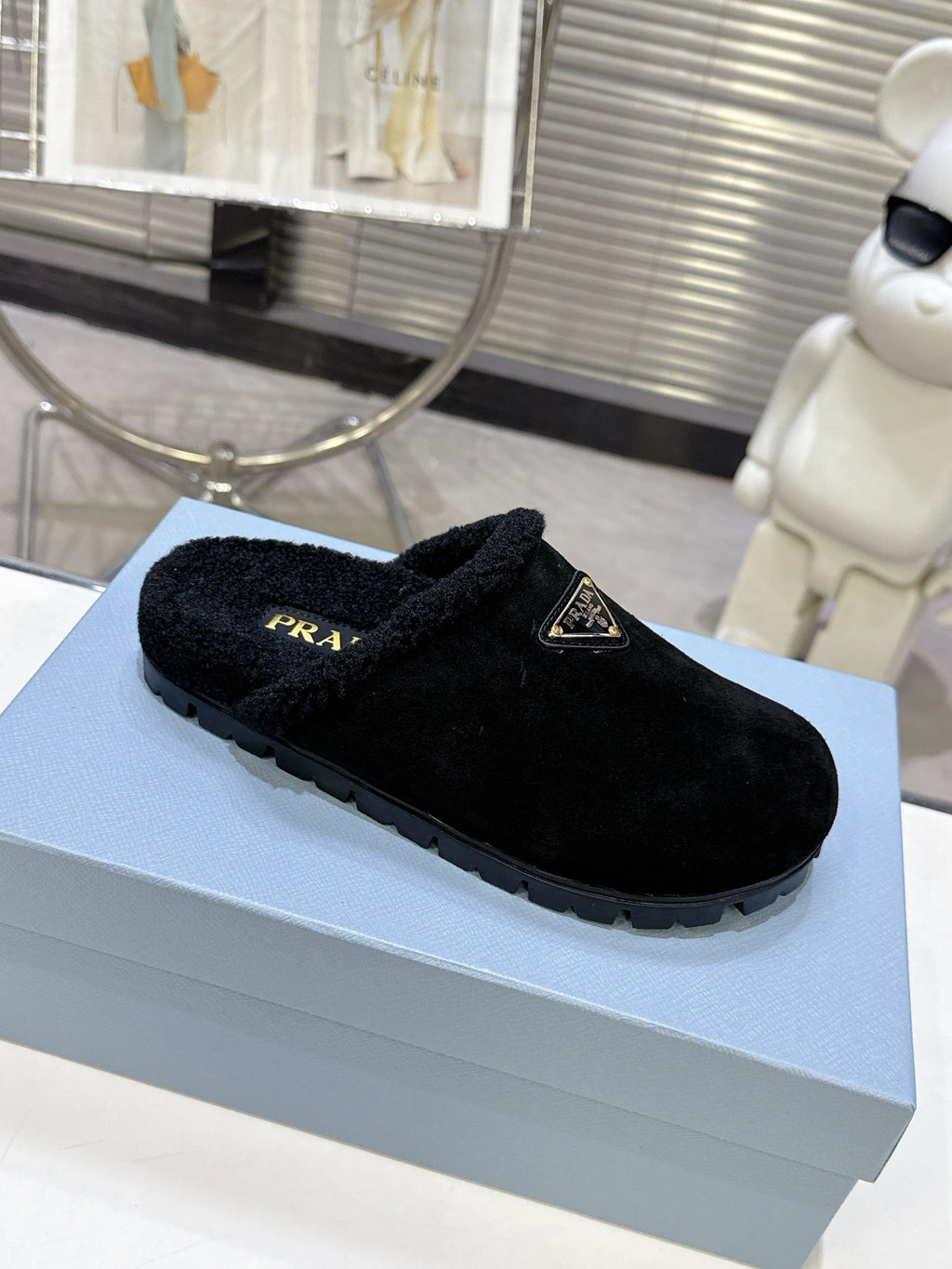PRADA 25S FUR-LINED SABOT MULES IN BLACK SUEDE