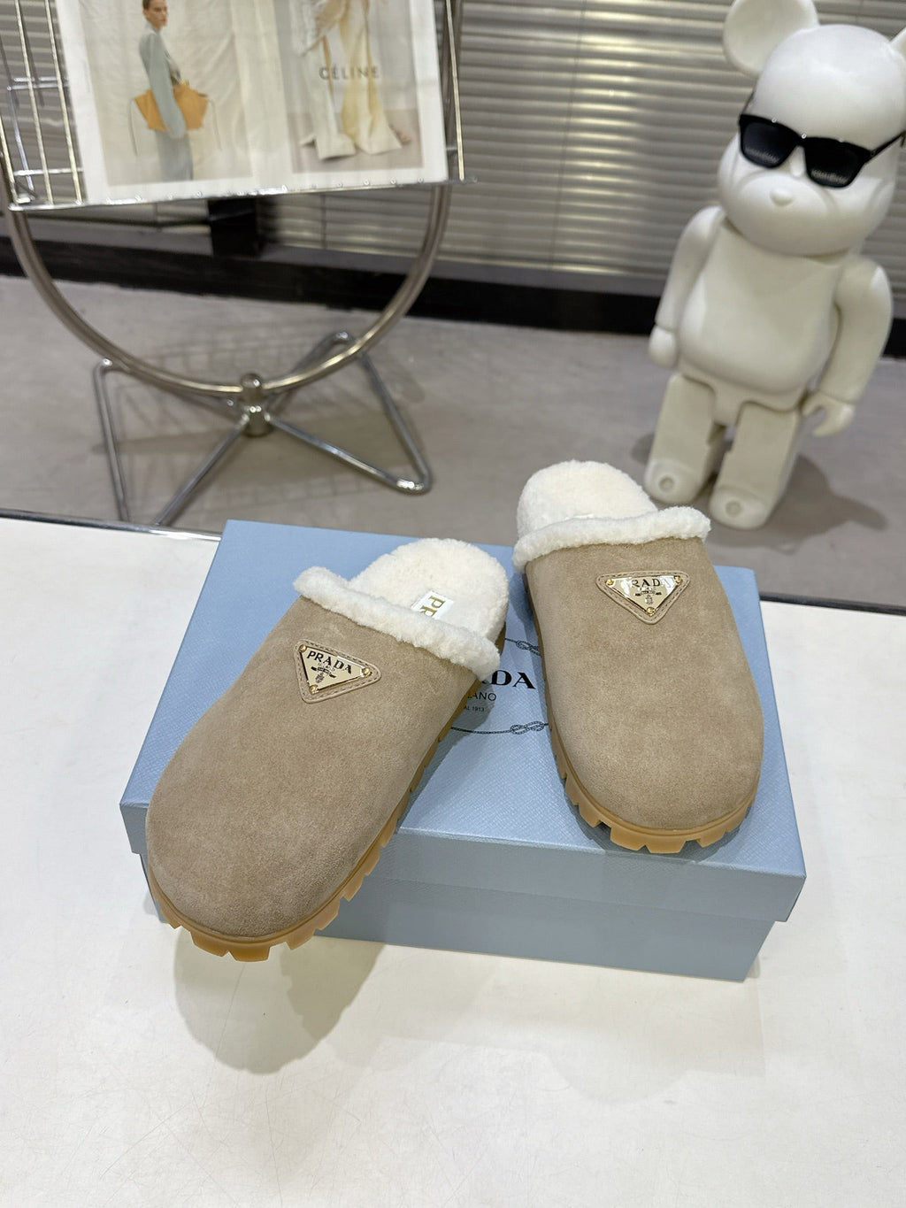 PRADA 25S FUR-LINED SABOT MULES IN BEIGE SUEDE
