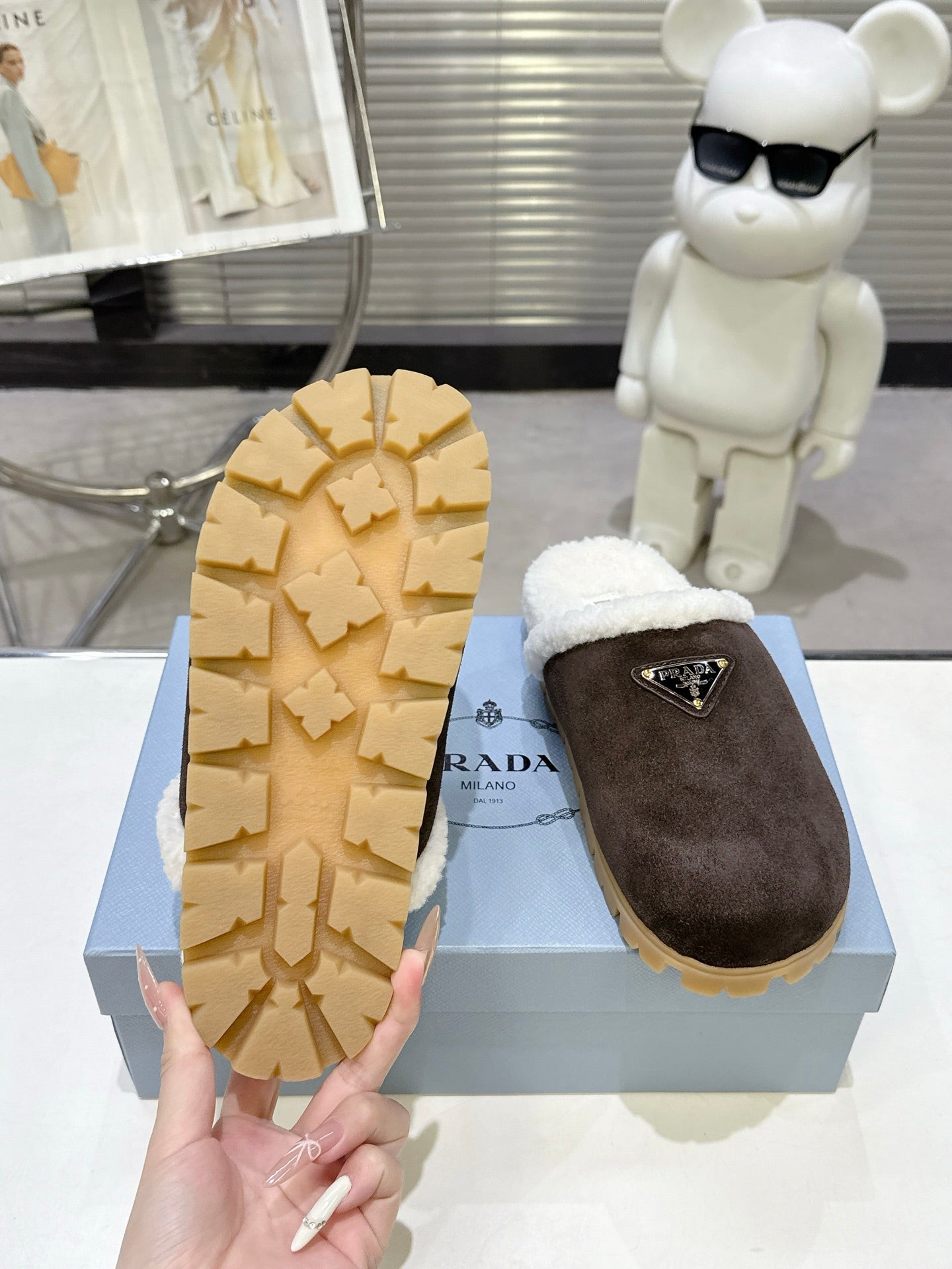 PRADA 25S FUR-LINED MULES IN RK BROWN SUEDE