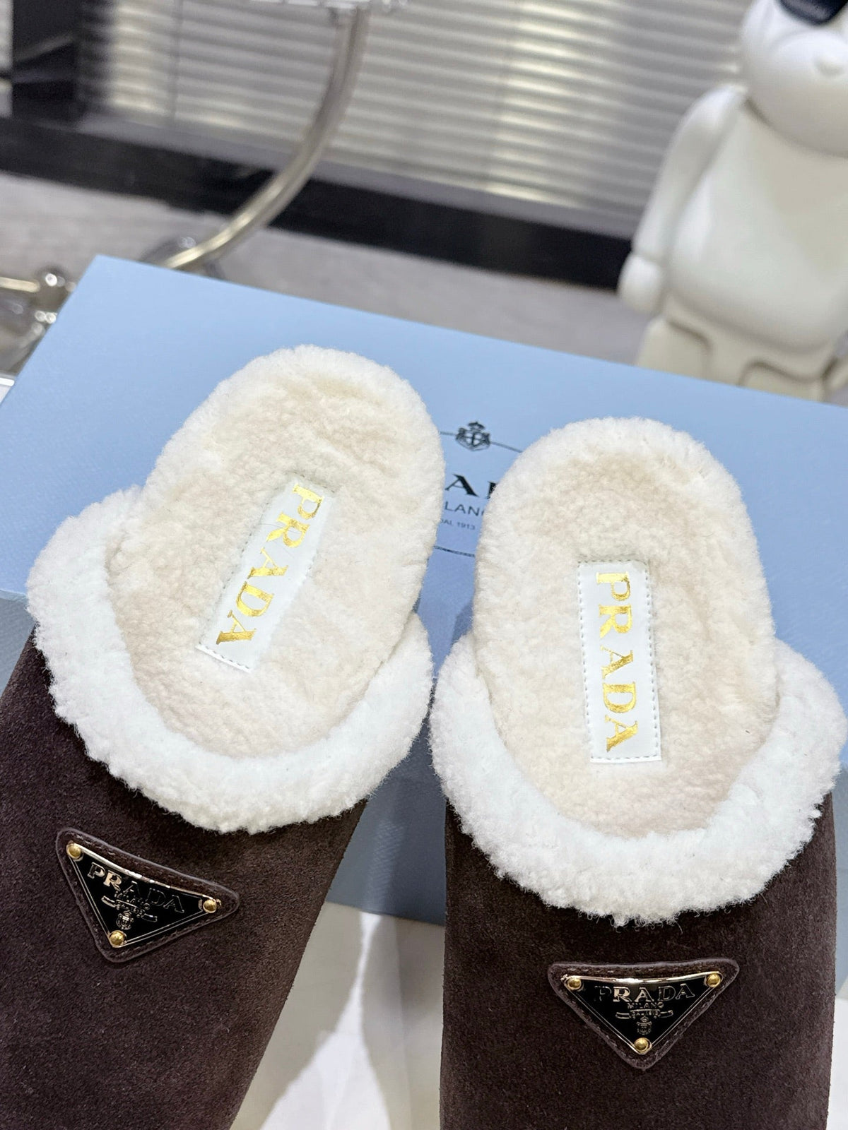 PRADA 25S FUR-LINED MULES IN RK BROWN SUEDE