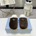 PRADA 25S FUR-LINED MULES IN RK BROWN SUEDE
