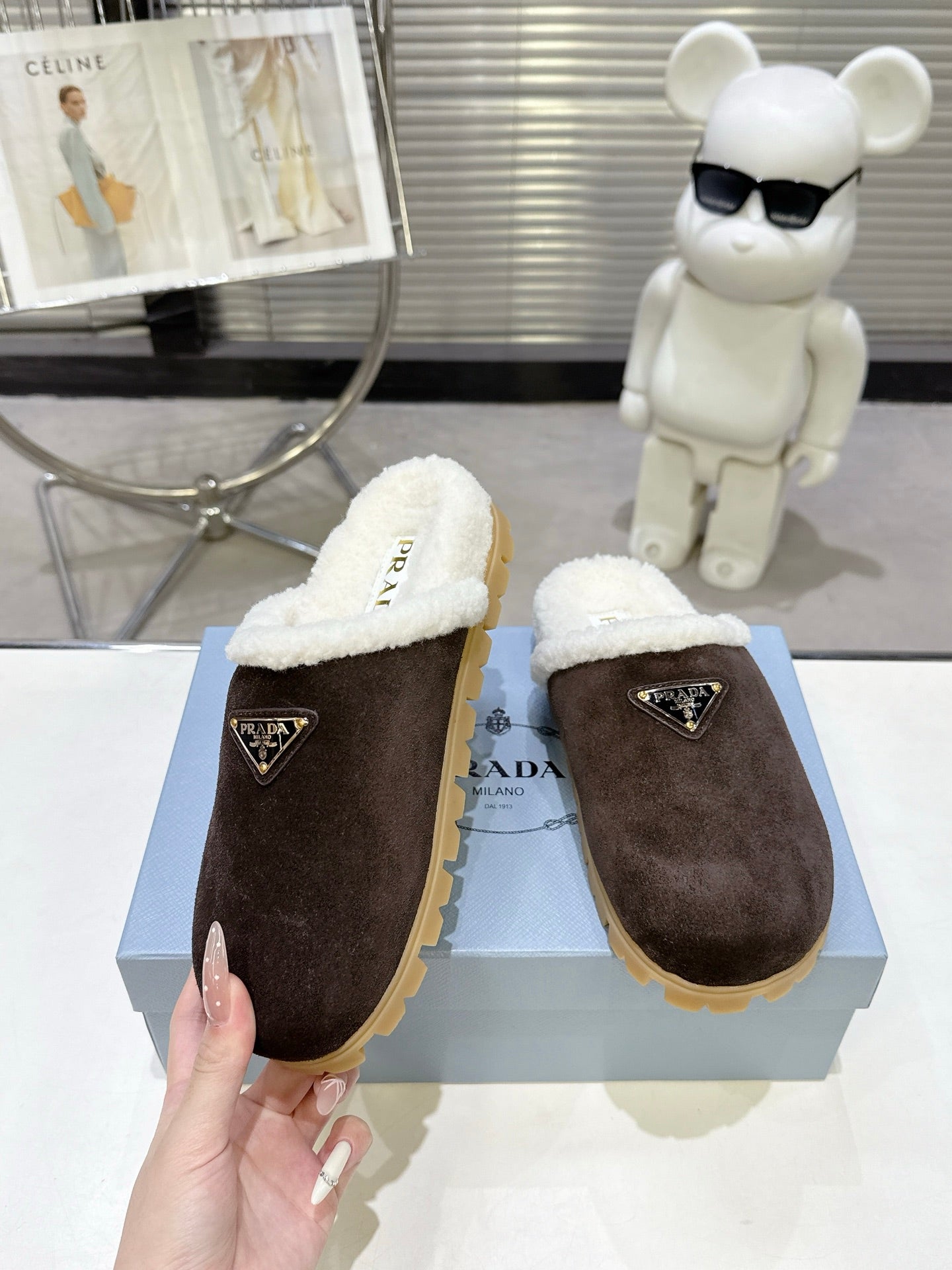 PRADA 25S FUR-LINED MULES IN RK BROWN SUEDE