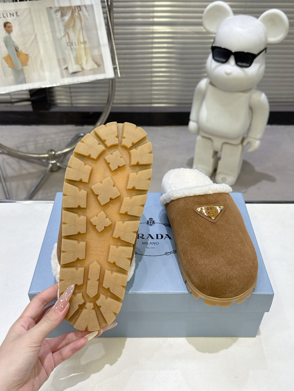 PRADA 25S FUR-LINED MULES IN BROWN SUEDE