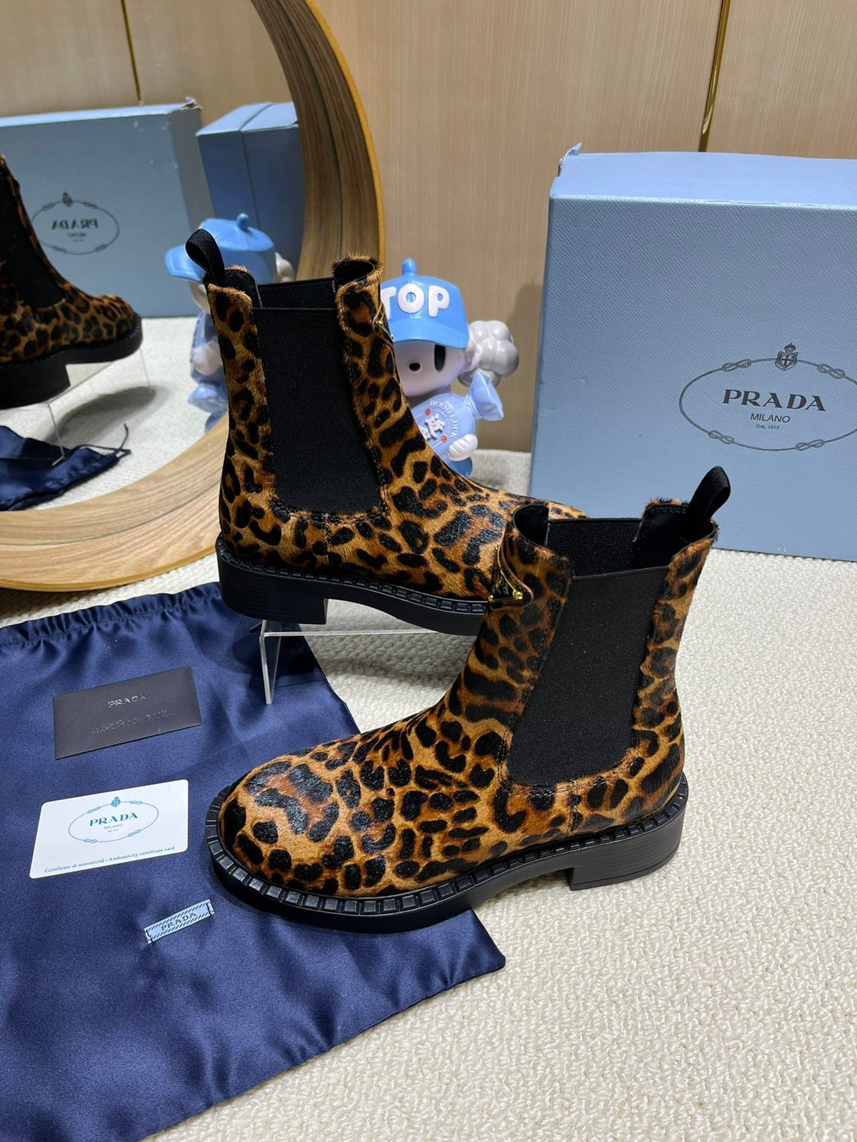 PRADA ANKLE BOOTS ATTACHED TRIANGLE LOGO IN LEOPARD PRINT HORSEHAIR